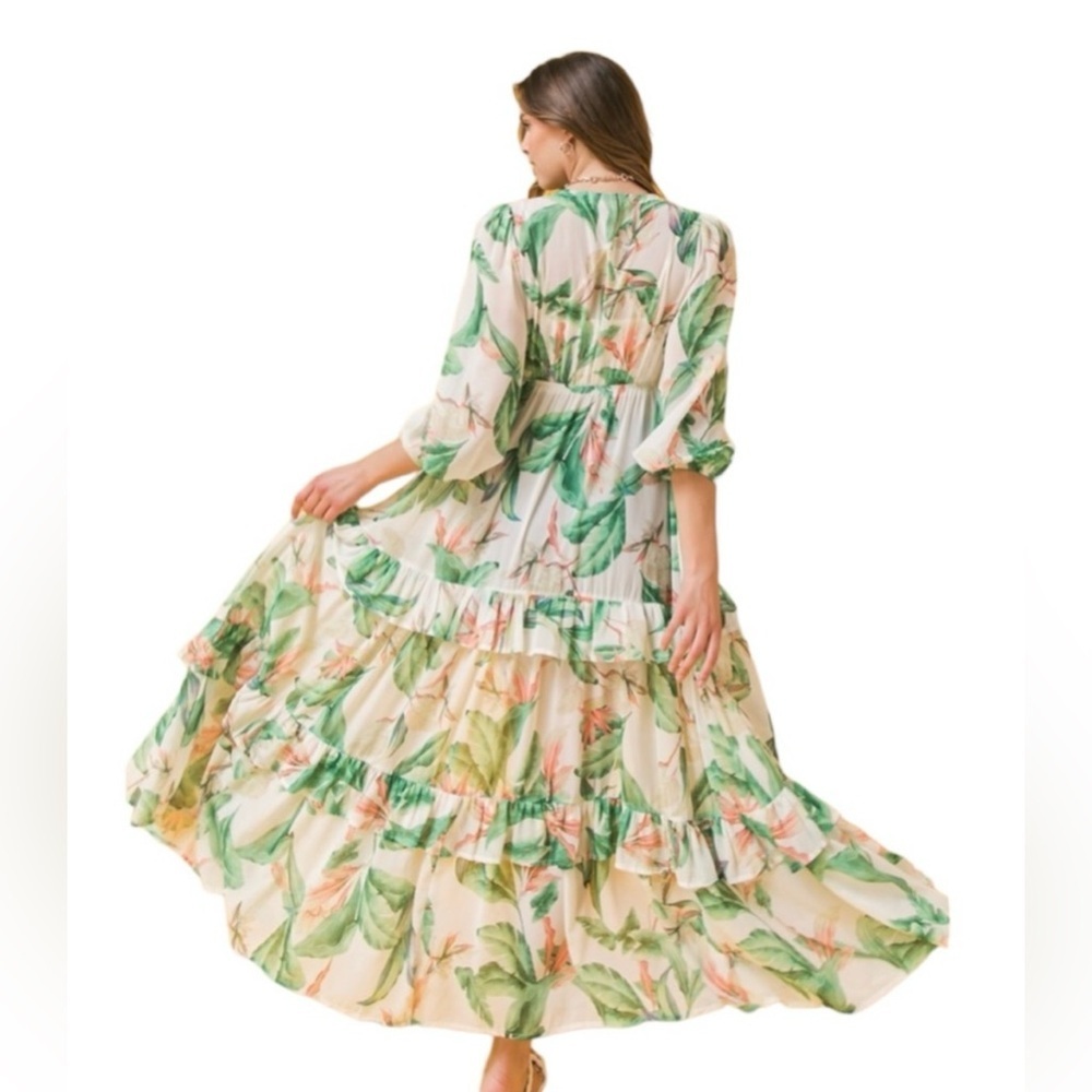 NWOT Floral Green and Cream Printed Maxi Flowy Kimono Top Size Medium - Picture 4 of 9